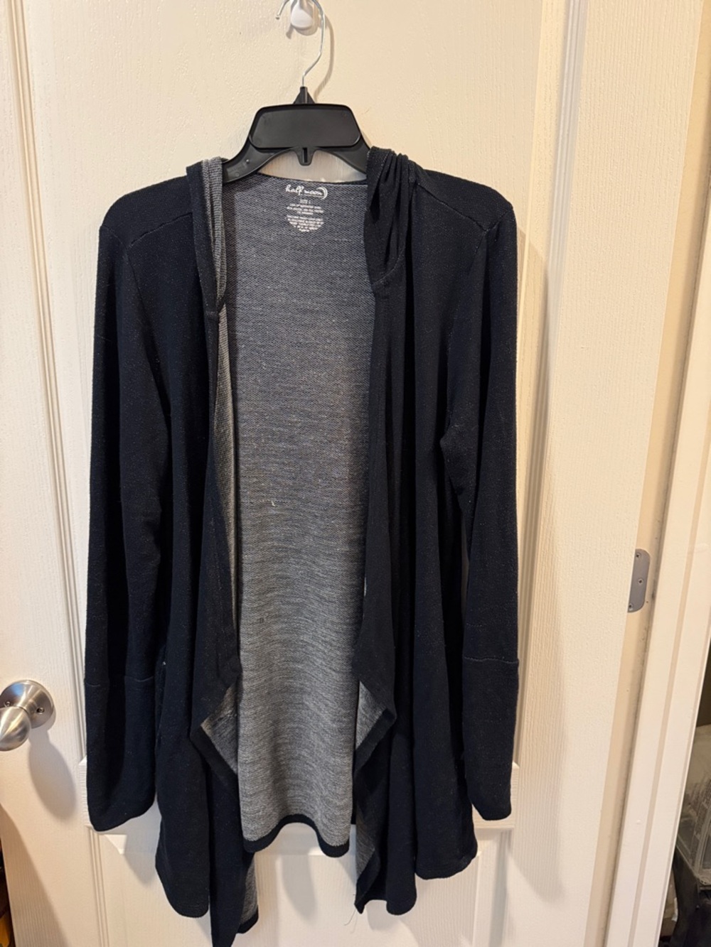 Open-Front Hooded Cardigan in Black Distressed look with Gray Lining